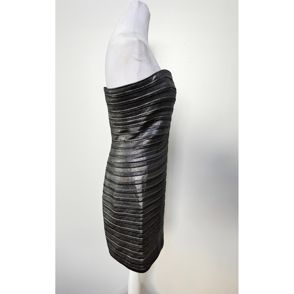 BCBGMAXAZRIA Metallic Bandage Strapless Bodycon Mini Dress Silver Black Medium - Picture 5 of 8